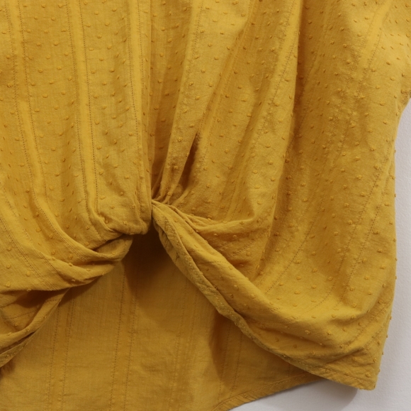 E2 Mustard Cotton Swiss Dots Crochet Lace Twisted Hem Top - Picture 4 of 10